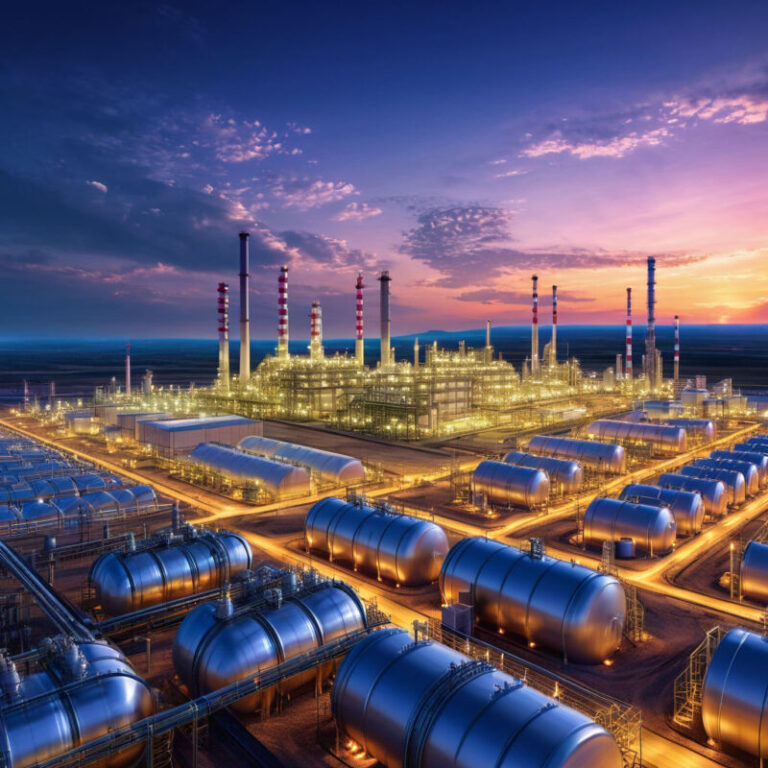 oil-and-gas-power-plant-refinery-wide-angle-shot-at-dusk-storage-tanks-and-steel-structures-domina-153375671