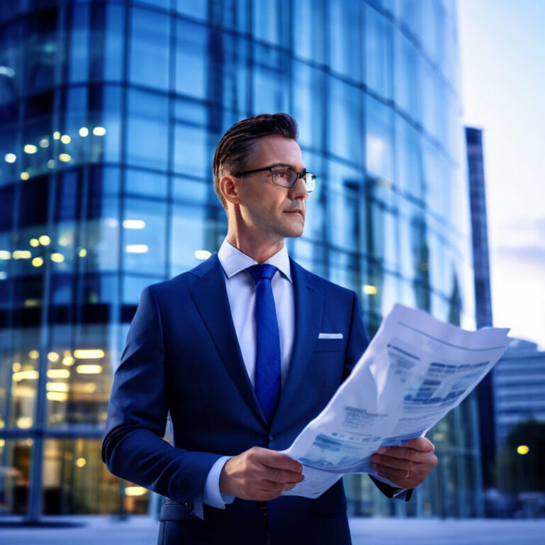 medlab-clinicals-ceo-stands-outside-asx-building-holding-a-blueprint-depicting-corporate-restructu